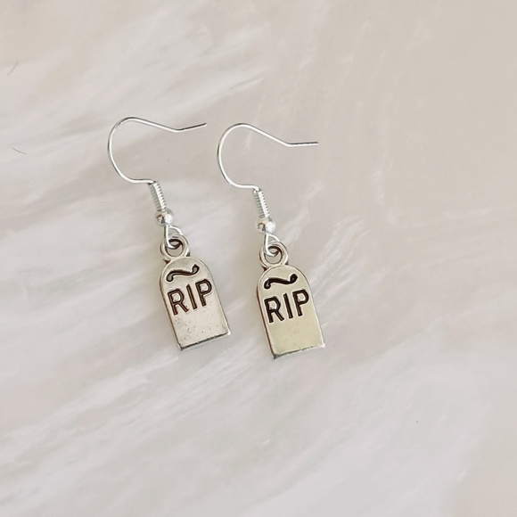 Silver RIP Tombstone Handmade Earrings - Picture 2 of 3